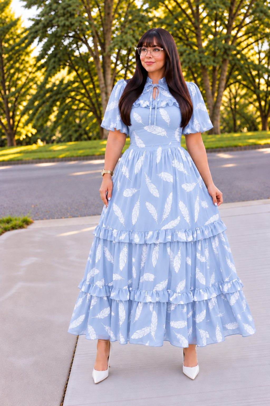 Elegant Lightest Blue and White Feather Print Maxi Dress