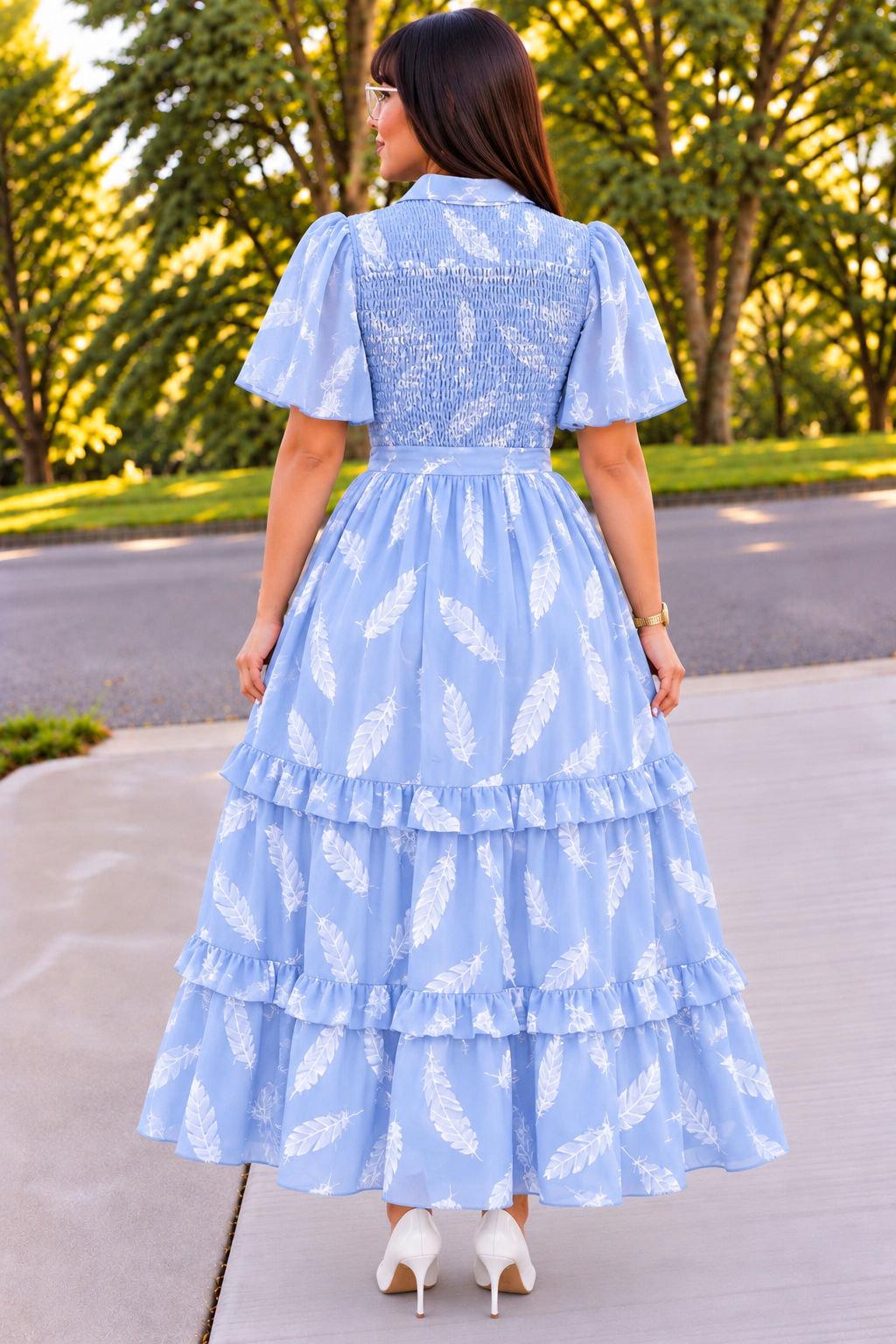Elegant Lightest Blue and White Feather Print Maxi Dress