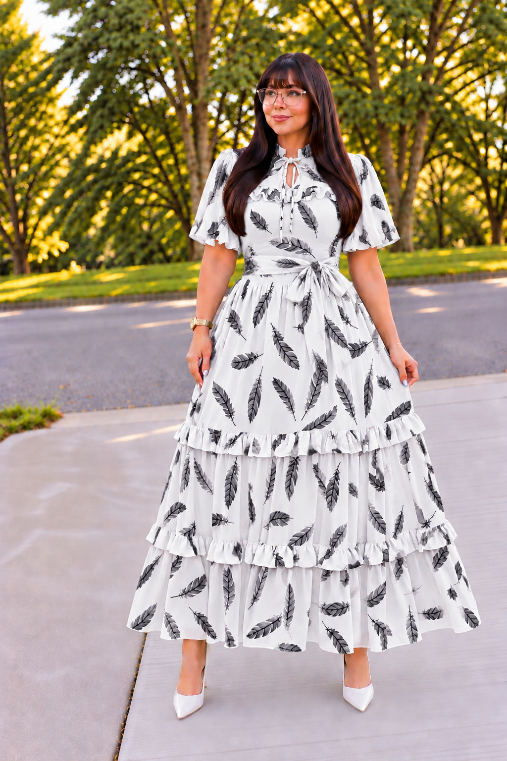 Elegant White and Black Feather Print Maxi Dress