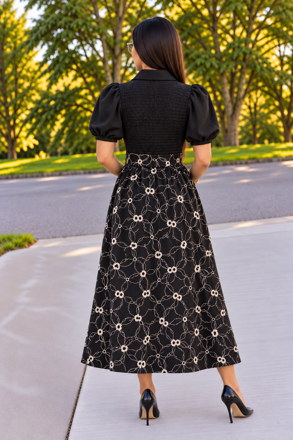 Embroidered Black and White Circle Dress