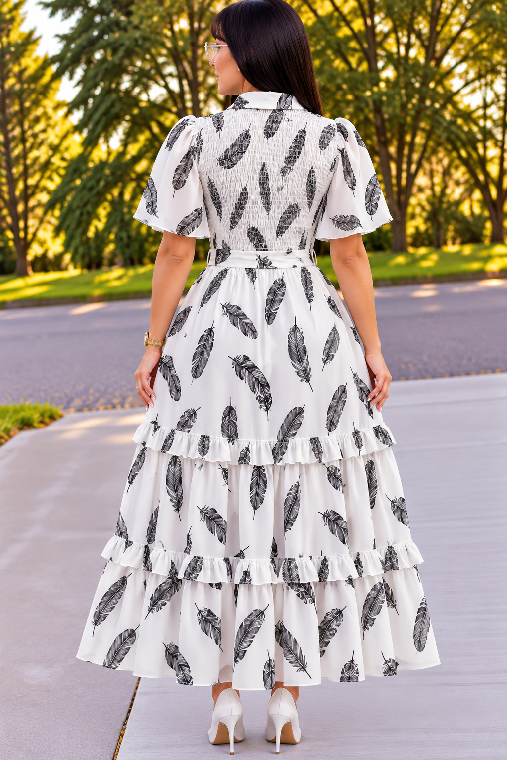 Elegant White and Black Feather Print Maxi Dress