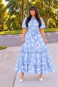 Elegant Lightest Blue and White Feather Print Maxi Dress