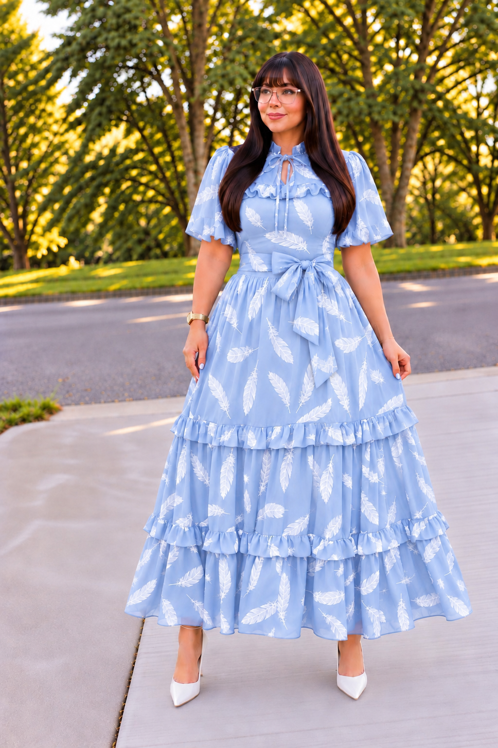 Elegant Lightest Blue and White Feather Print Maxi Dress