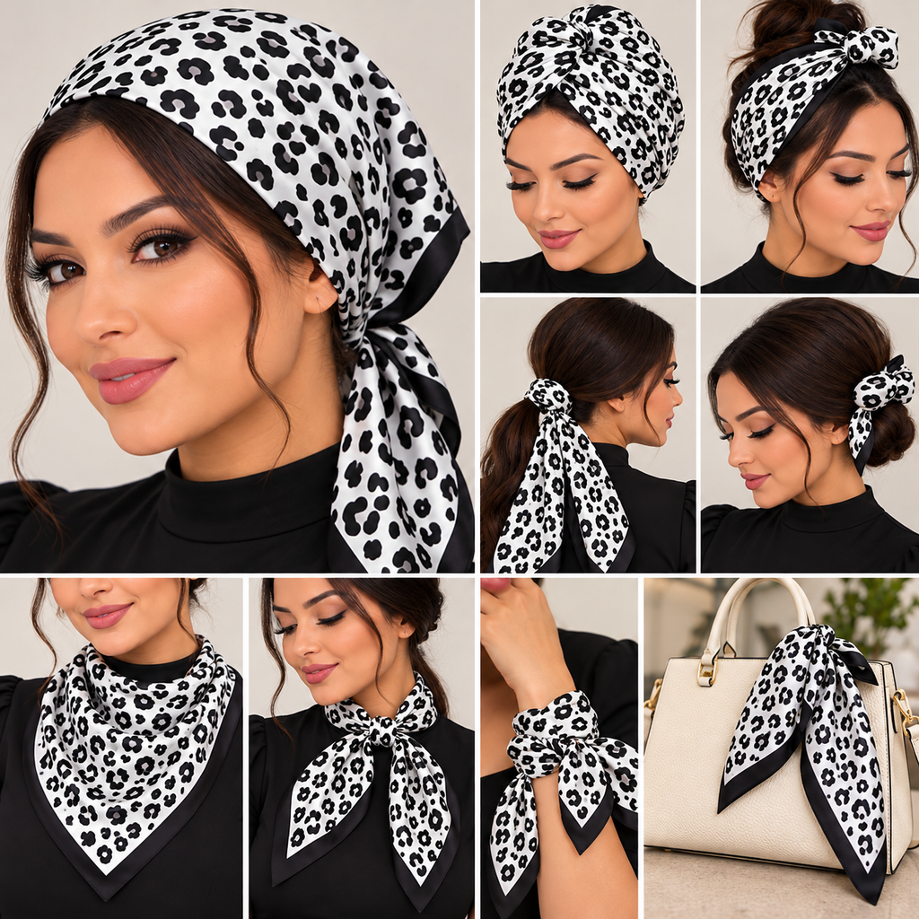 Trendy Leopard Print Satin Bandana – Women’s Multi-Use Neck Scarf, Hair & Bag Tie
