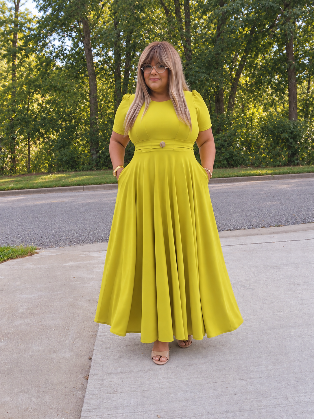 🌼 Elegant Chartreuse Puff-Sleeve Dress