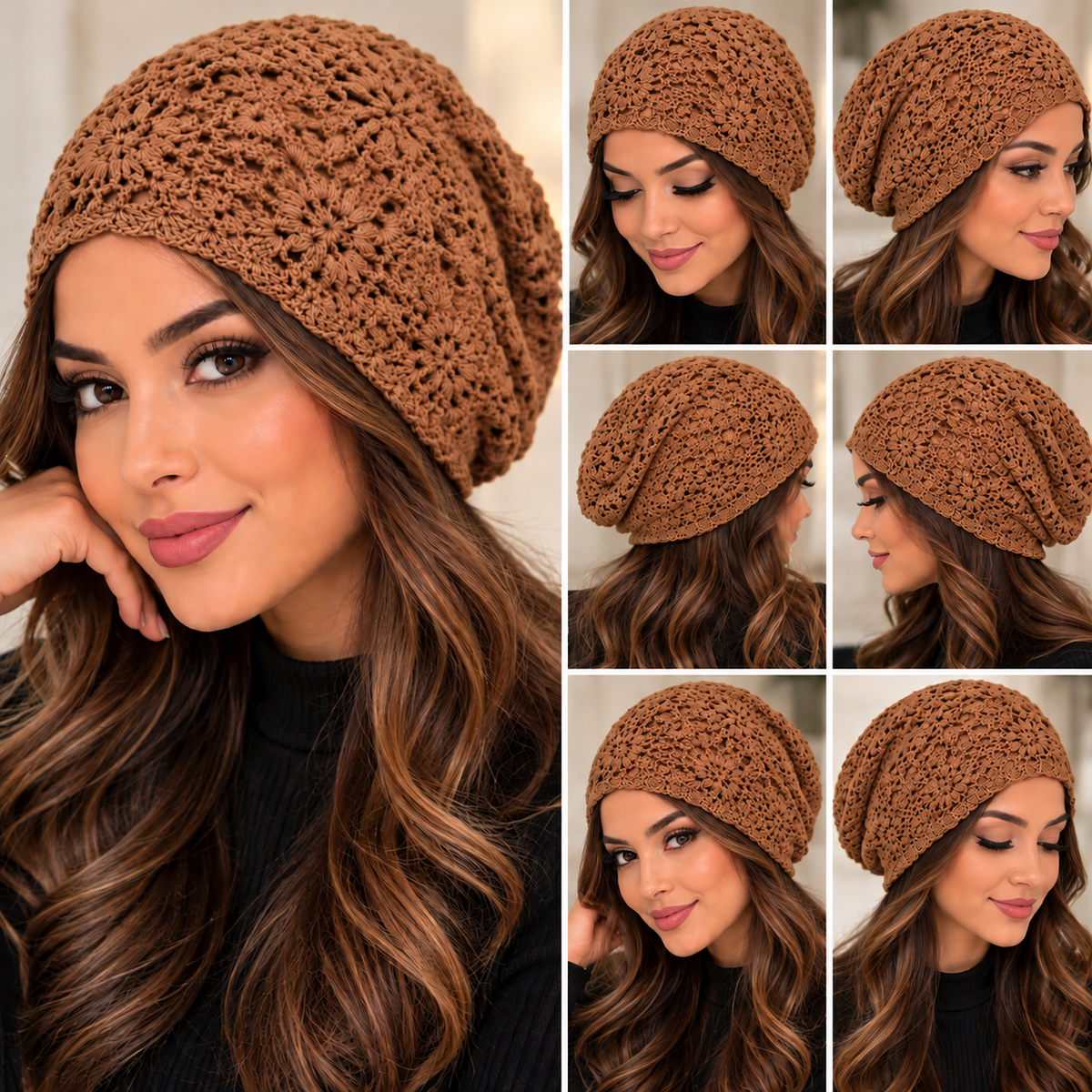 Crochet Flower Pattern Soft Bonnet Beanie