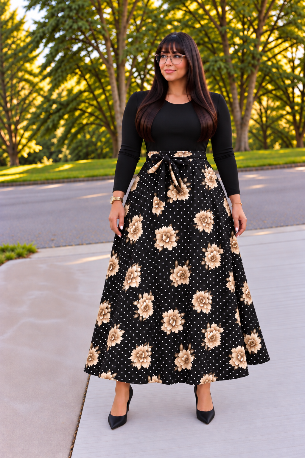 Black & Beige Floral Modest Dress
